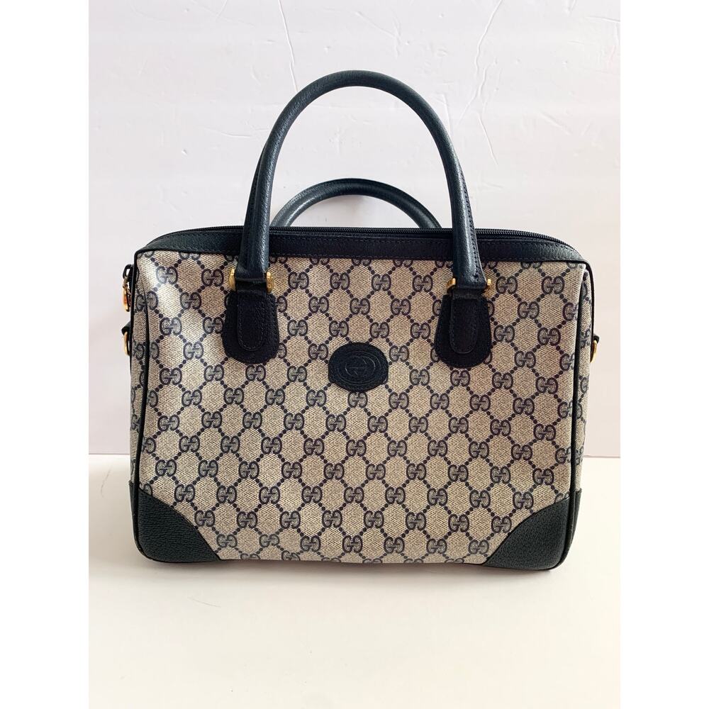 Vintage Gucci Boston Navy Blue Gray Handbag Purse Satchel Authentic